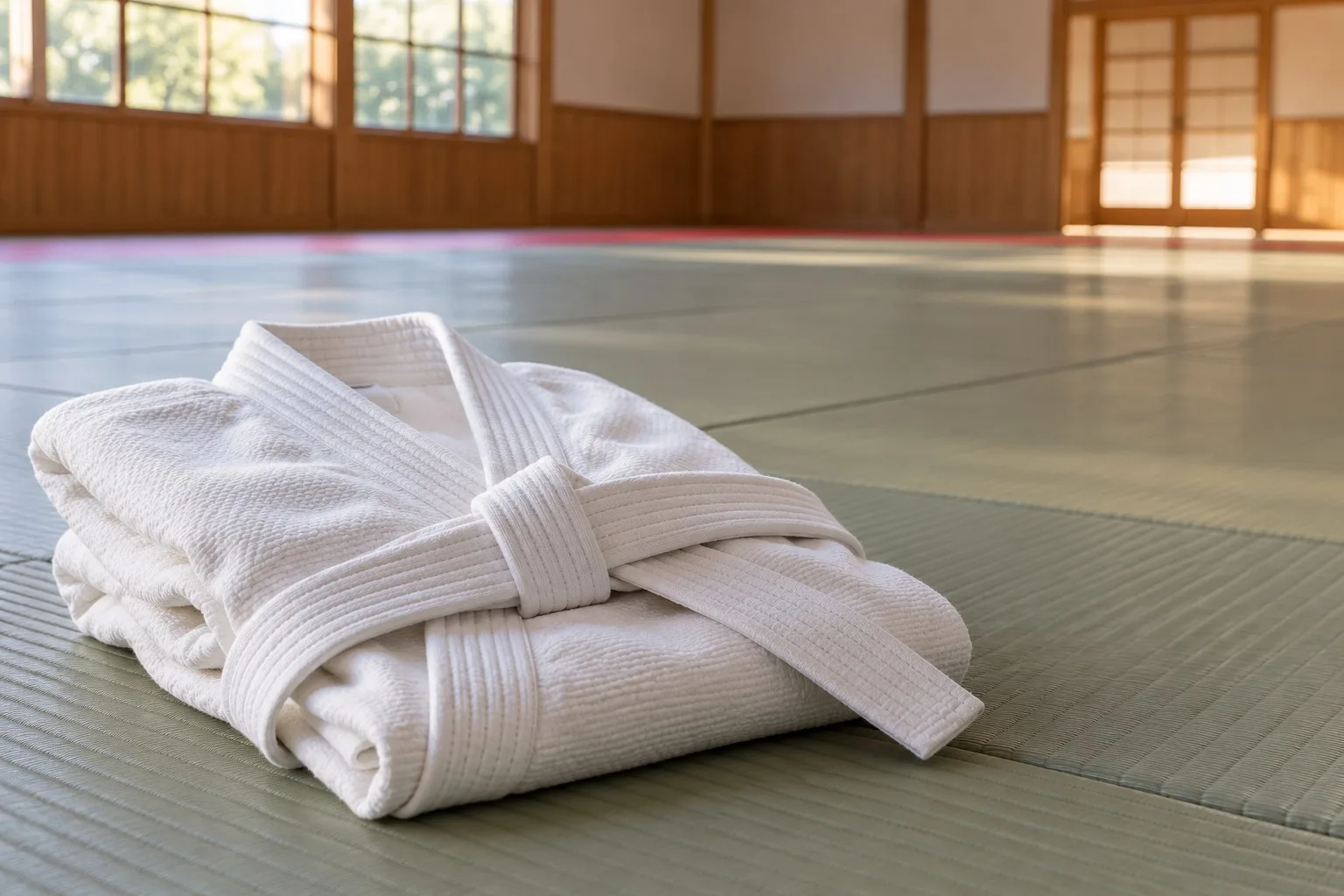 Schlicht gefalteter weißer Judoanzug mit weißem Gürtel auf einer Trainingsmatte.